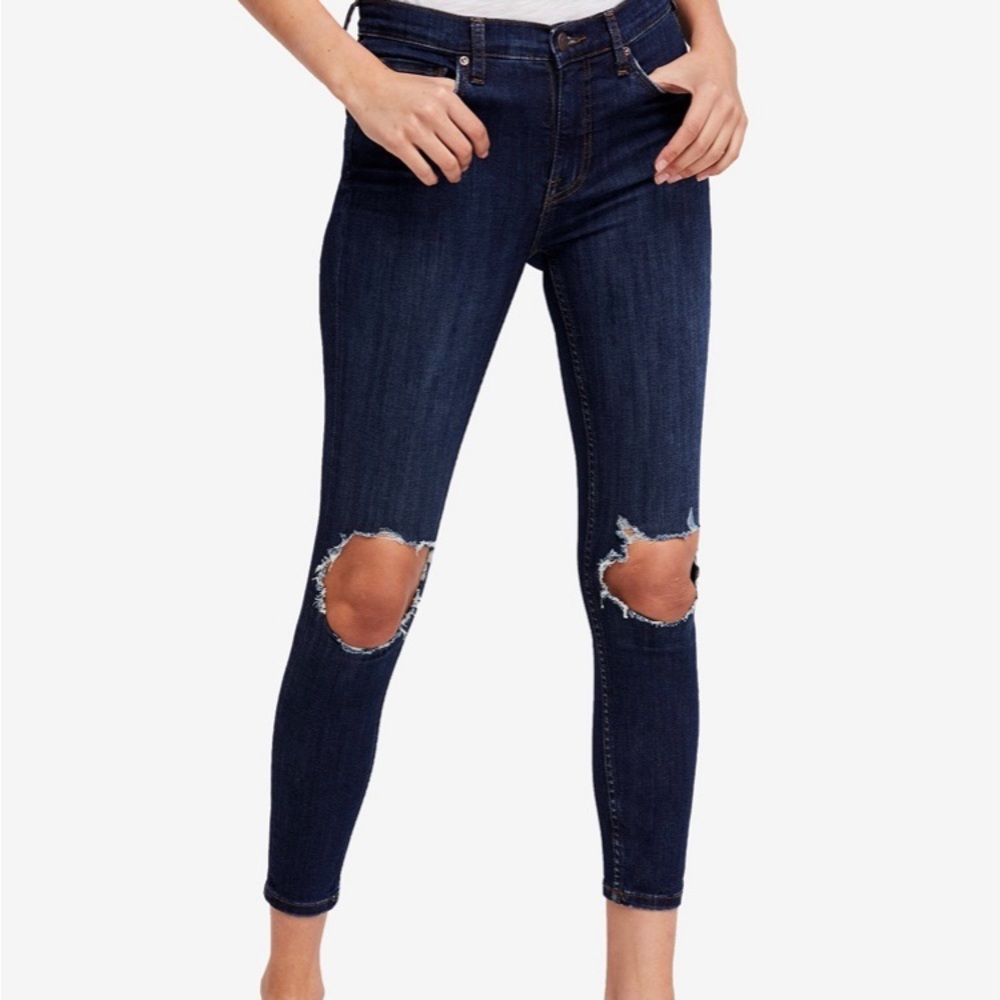 Free People Dark Blue Busted Knee Slim Skinny Jeans size 27
